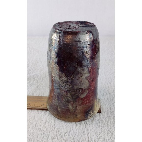 Raku Art Vase Brown Iridescent Tones Textured Rustic Tumbler Thrown Pottery 5.5" - Picture 13 of 15